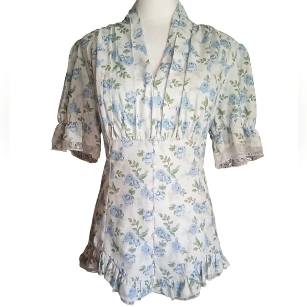 Scarlet Darkness Blue Rose Print Victorian Puff Sleeve Corset Back Blouse Large
